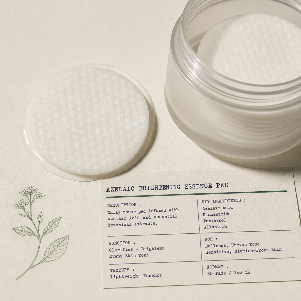 a round embossed textured toner pad soaked in clear azelaic brightening essence beside a jar