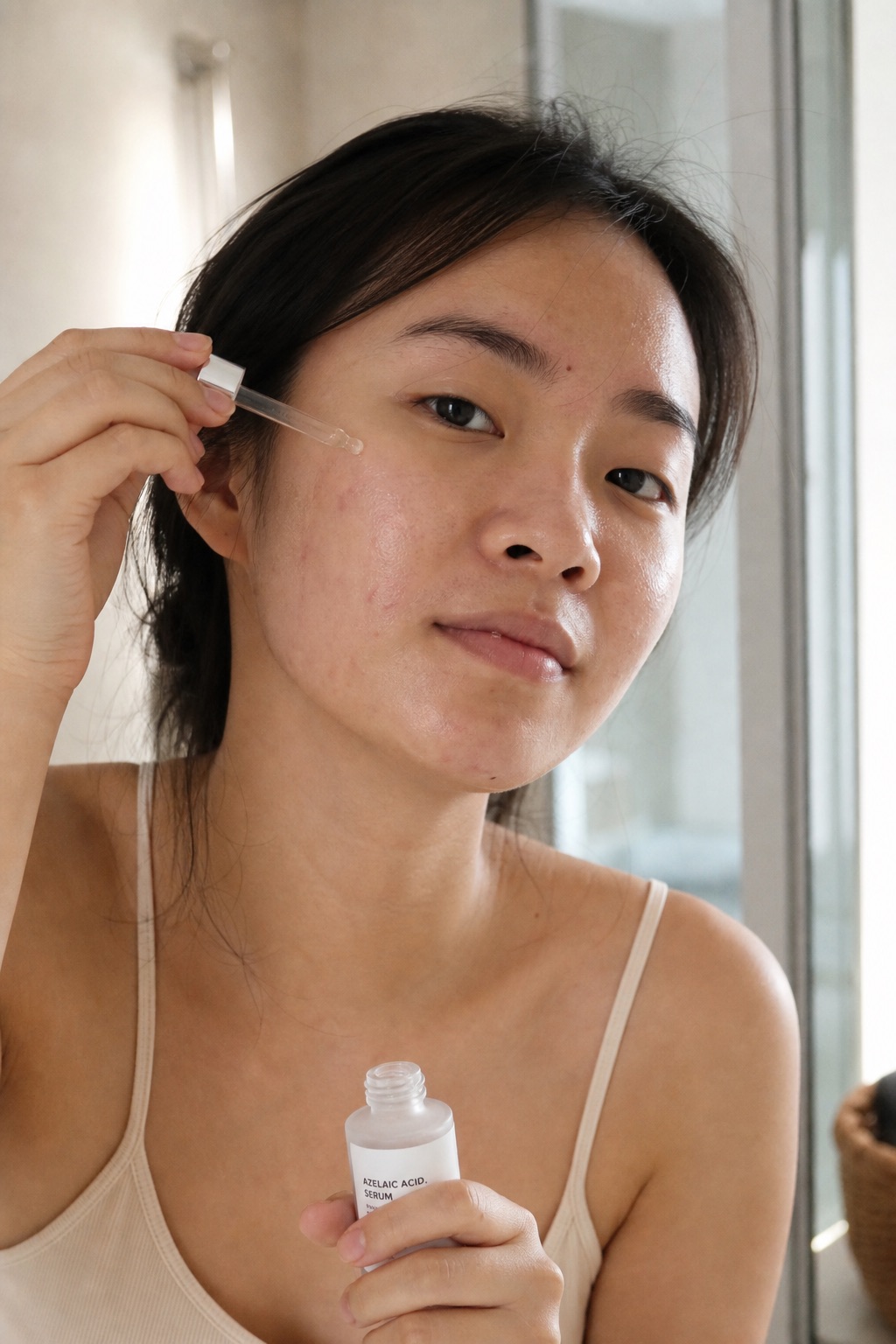 applying a drop of azelaic acid serum to her cheek with a glass dropper