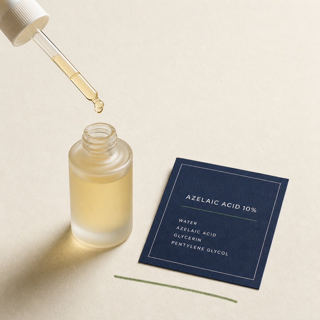 a frosted glass dropper bottle of azelaic acid serum with the glass dropper lifted and a single golden drop