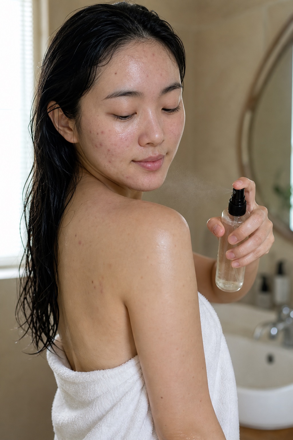 spraying a body mist over her shoulder