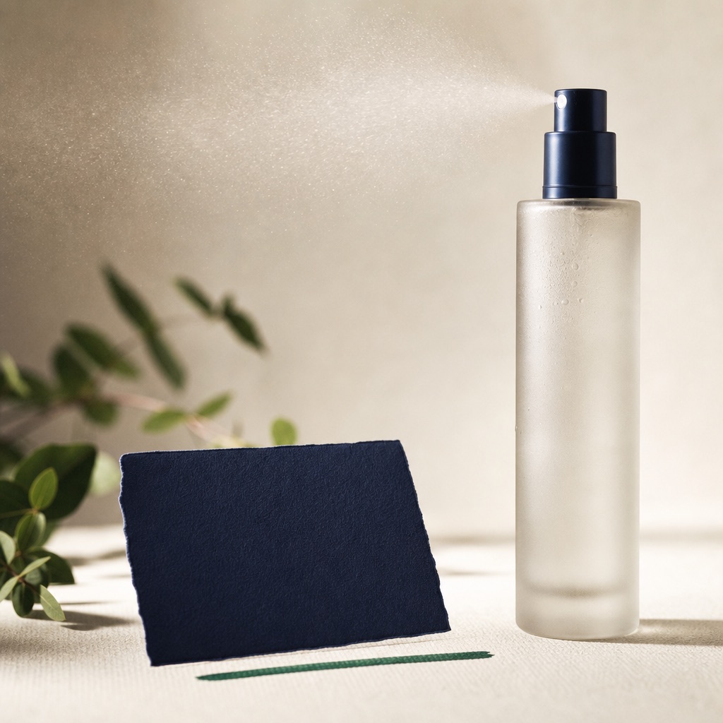 a tall frosted body-mist spray bottle with a slim navy nozzle and a fine mist suspended in the light