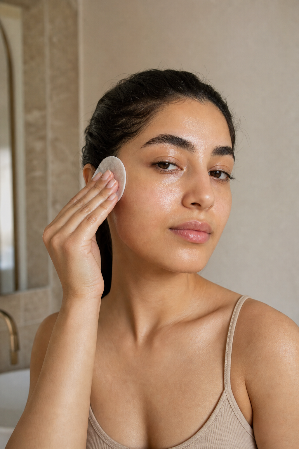 swiping a tone-fade brightening pad across the cheek