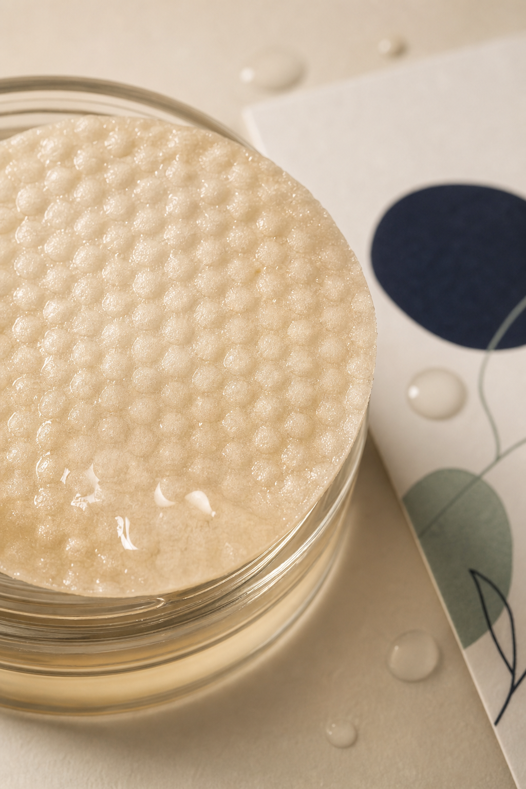 a round embossed textured toner pad soaked in clear tone-fade essence beside a jar
