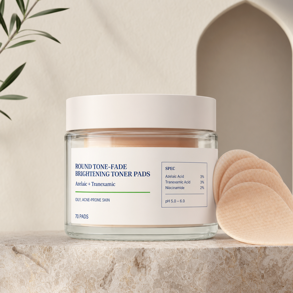 Azelaic and tranexamic tone-fade brightening toner pads for the Gulf, Halal