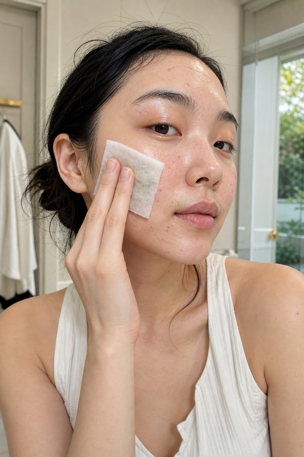 pressing a centella soothing cotton pad to her cheek