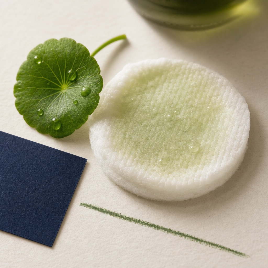 a round white cotton pad soaked in green-tinged centella essence beside a fresh centella asiatica leaf