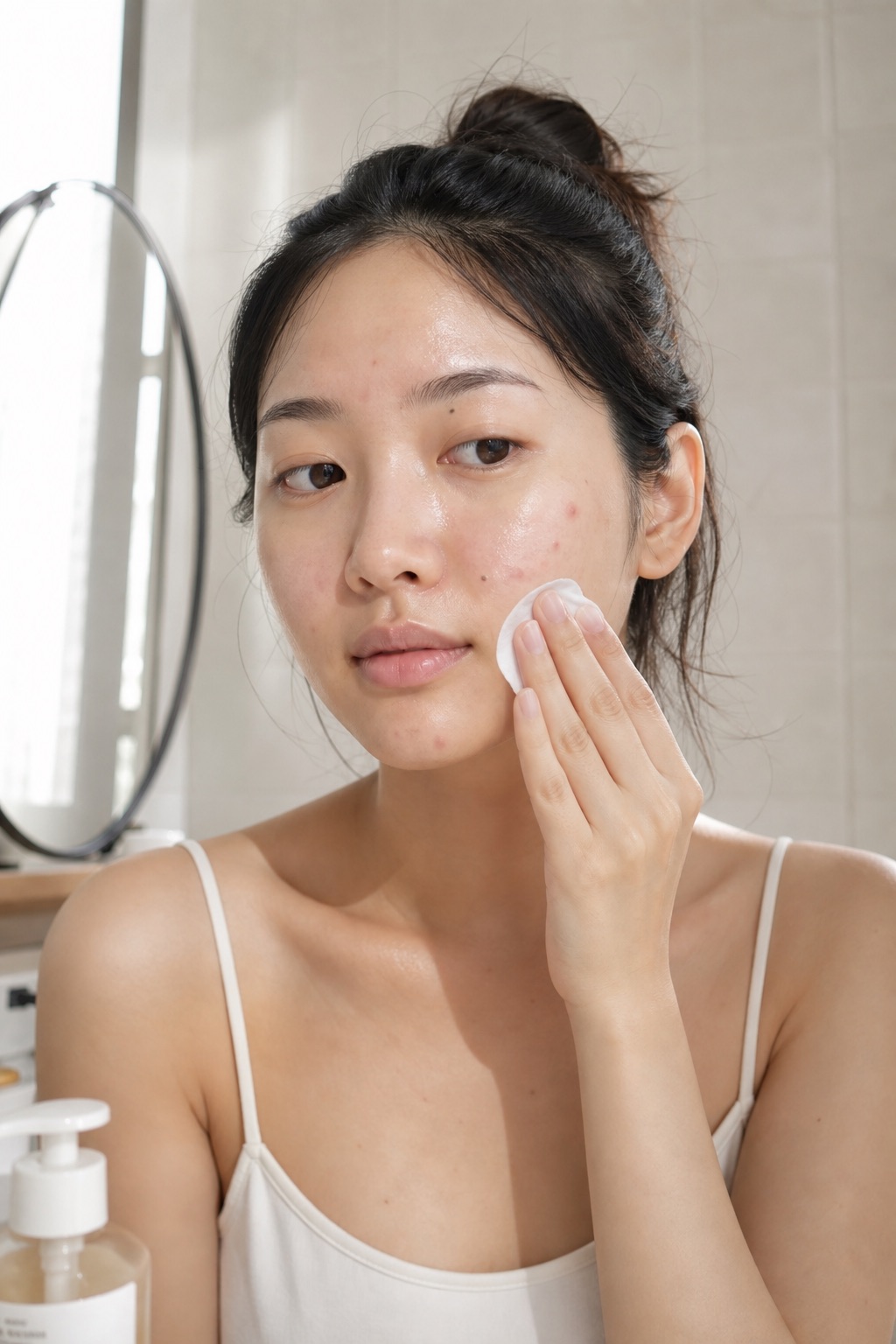 smoothing a ceramide barrier cotton pad over her cheek