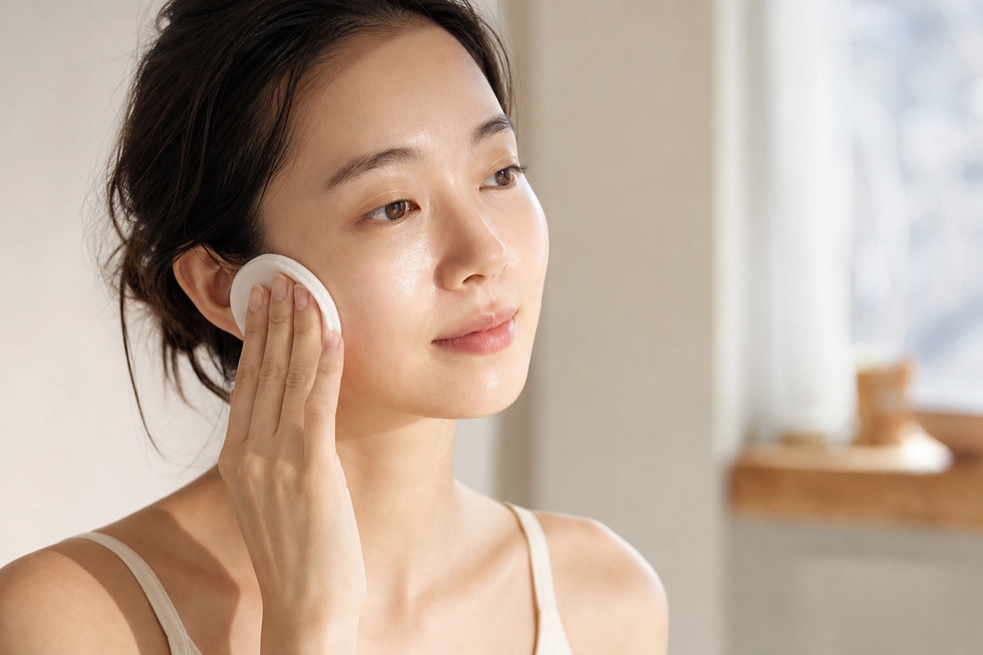 pressing a soothing chitosan pad to the cheek in soft morning light