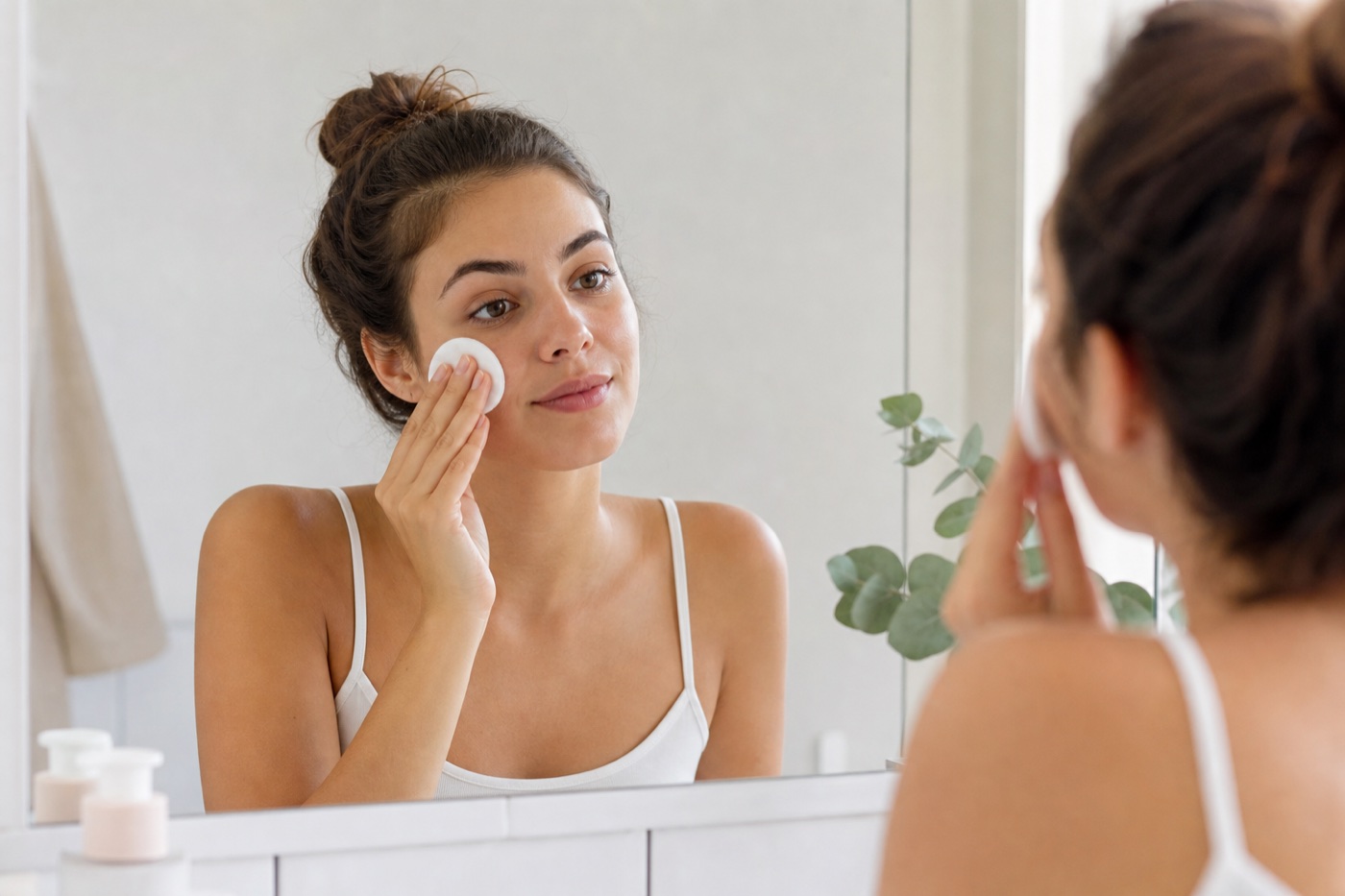 sweeping a soft cotton pad across the cheek in a daily cleansing routine