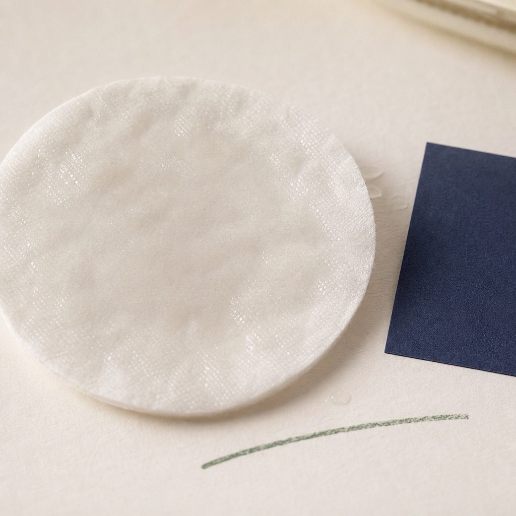 Ectoin essence-soaked round cotton pad — fibre texture close-up