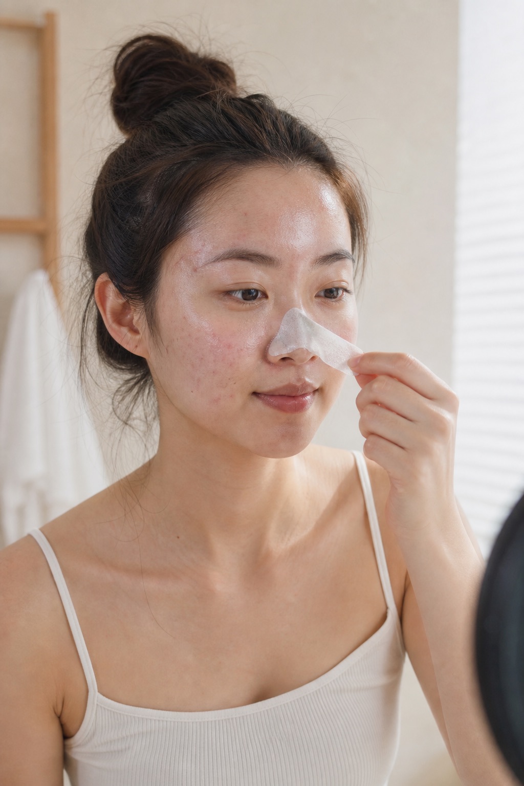 peeling a gentle pore strip from her nose