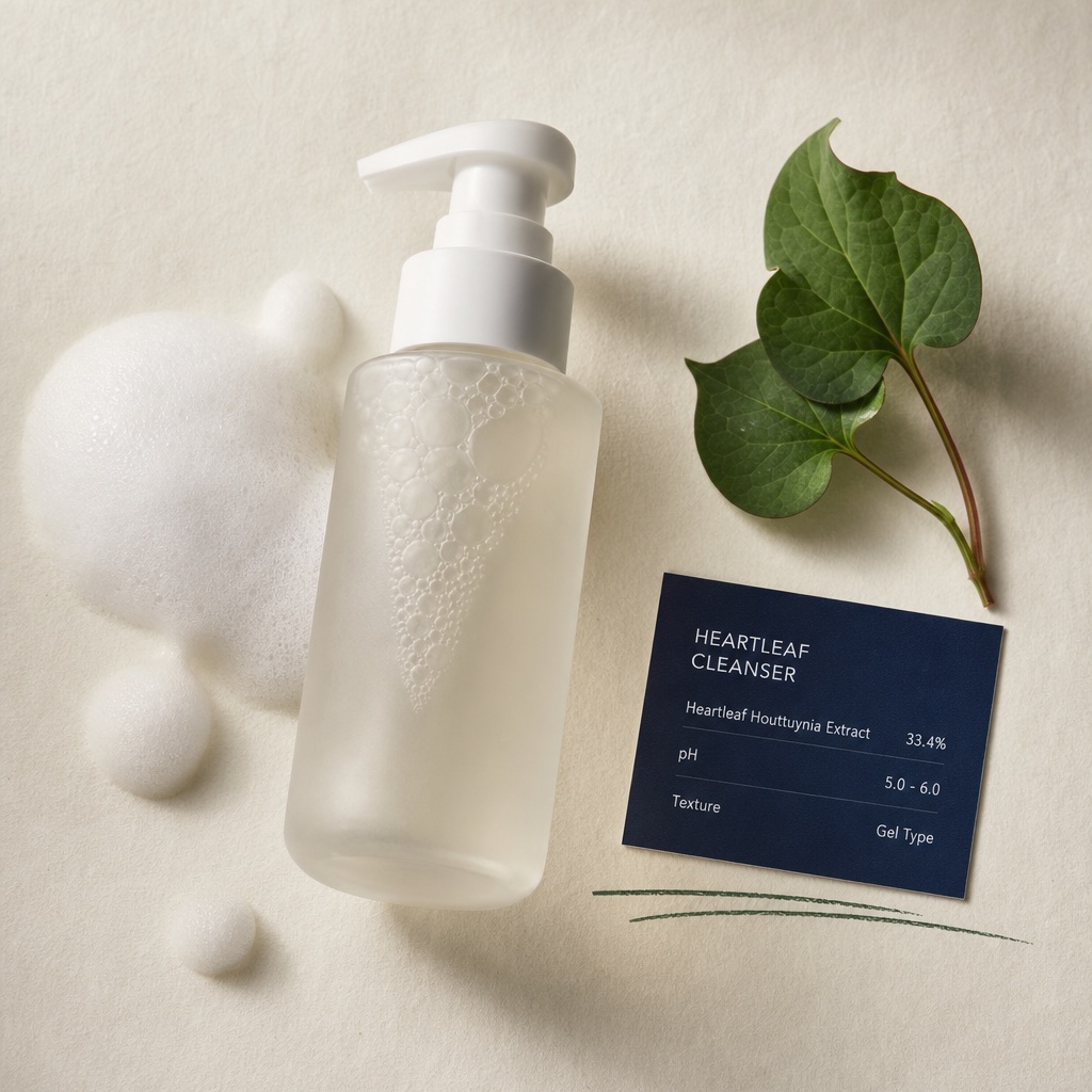 a frosted pump bottle of heartleaf cleanser with soft white foam and a fresh heartleaf houttuynia sprig