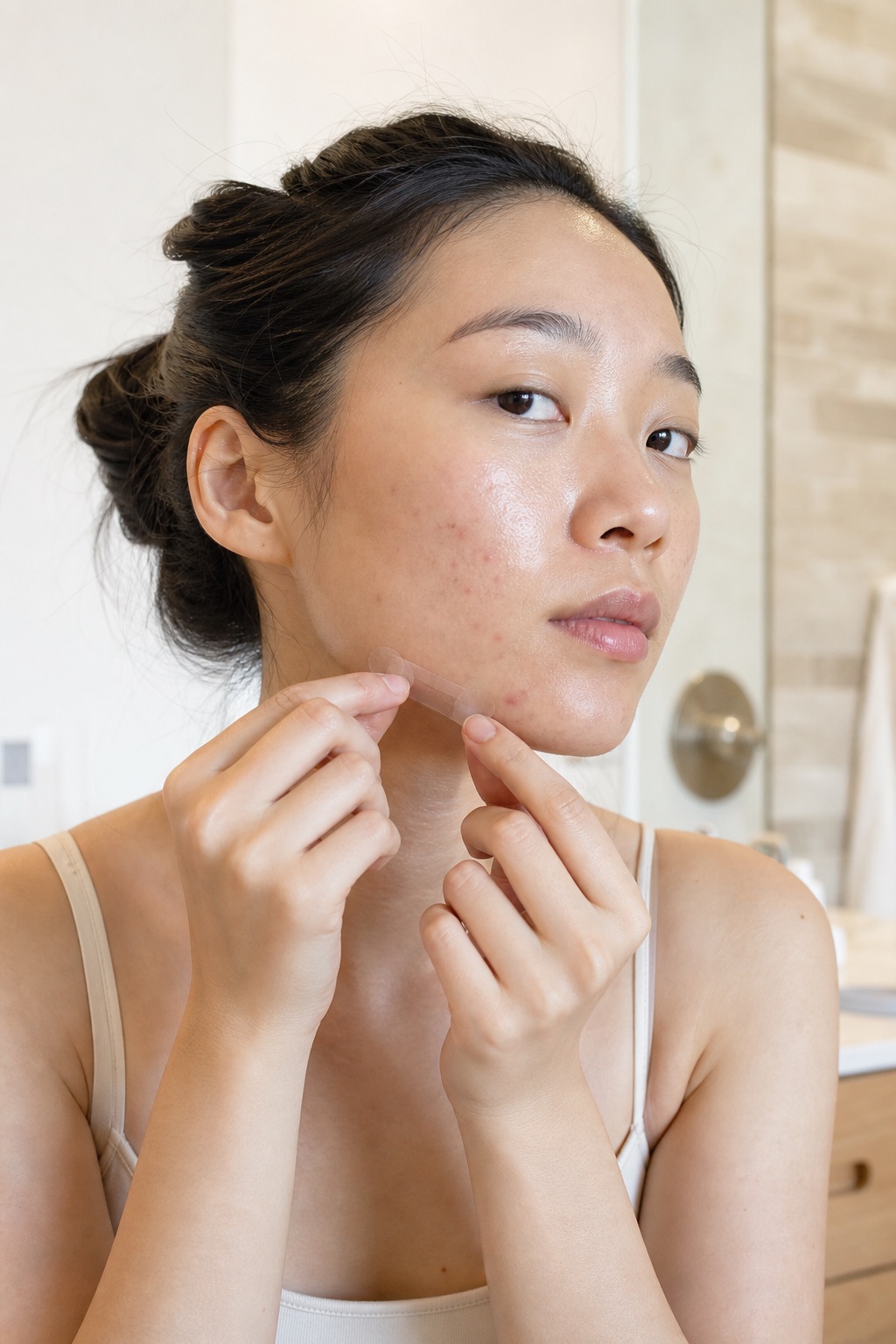 placing a piece of clear hydrocolloid tape along her jawline