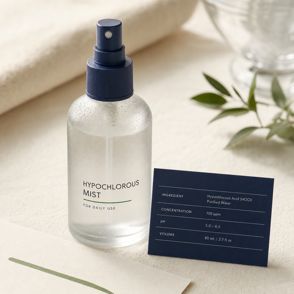 a frosted spray bottle of hypochlorous mist with a navy fine-mist nozzle and droplets on the glass