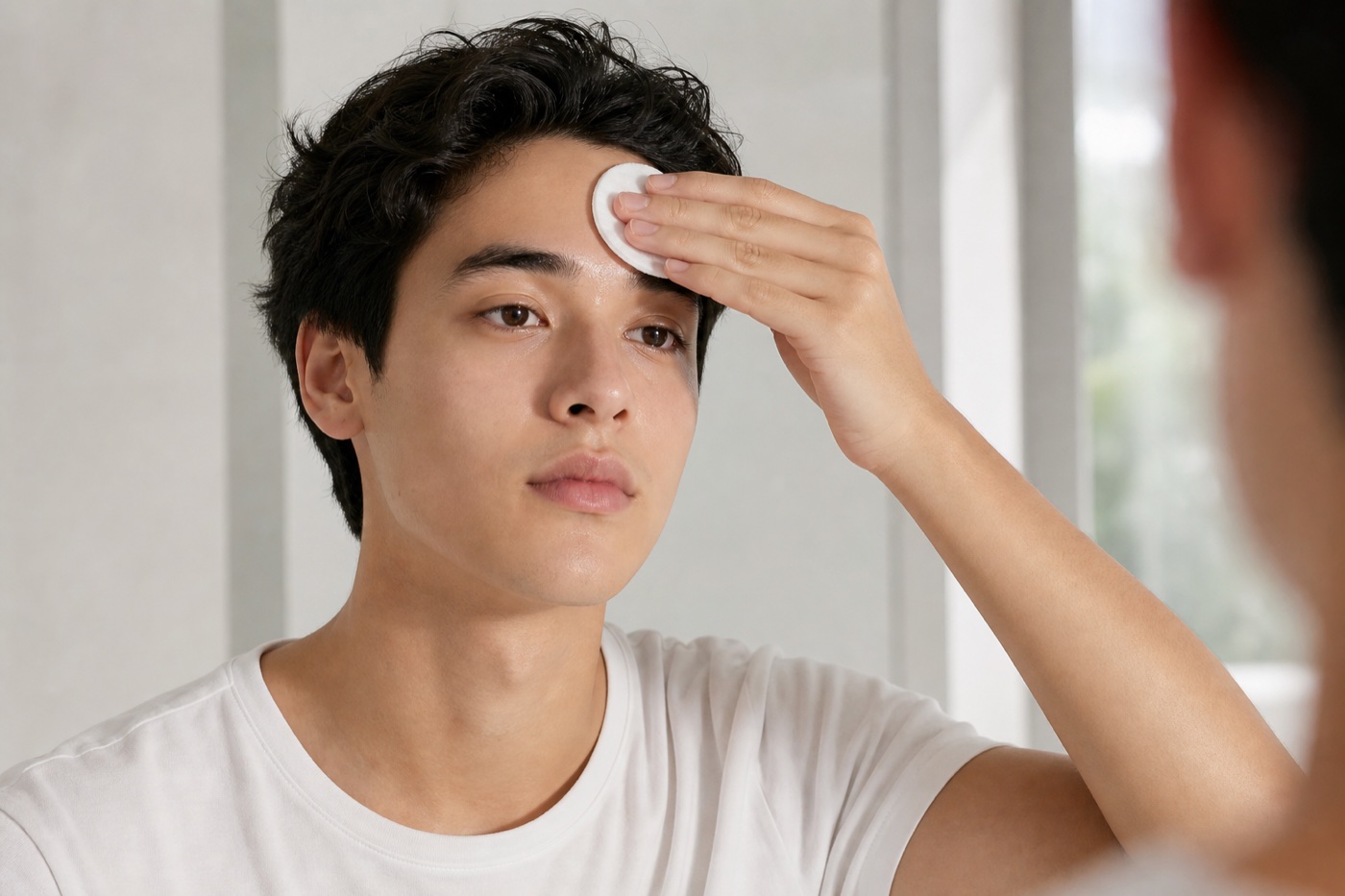 swiping a clarifying hypochlorous pad across a clean forehead and T-zone
