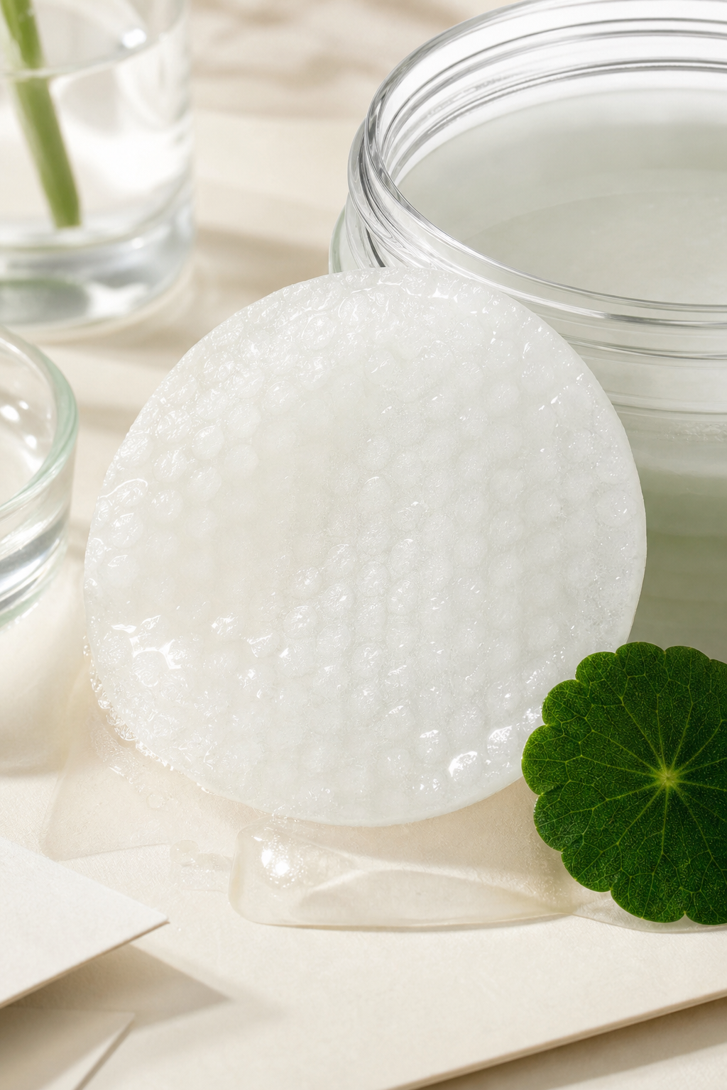 a round embossed cotton toner pad soaked in clear madecassoside soothing essence beside a jar and a cica leaf