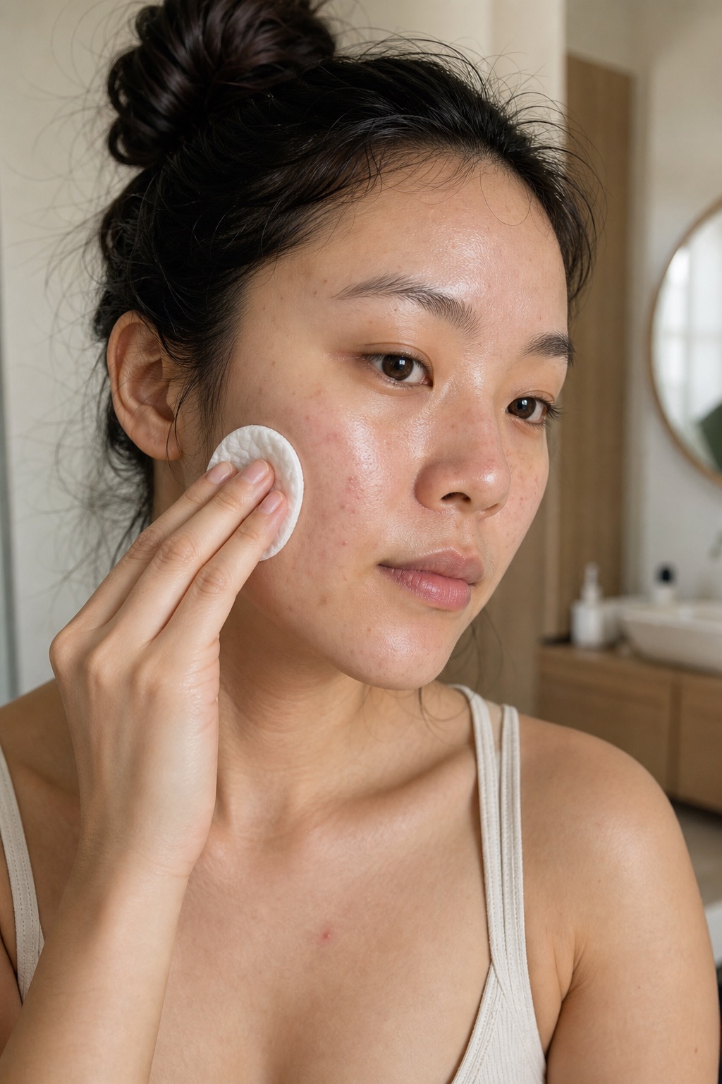 Swiping a mandelic exfoliating pad across the cheek — oily skin