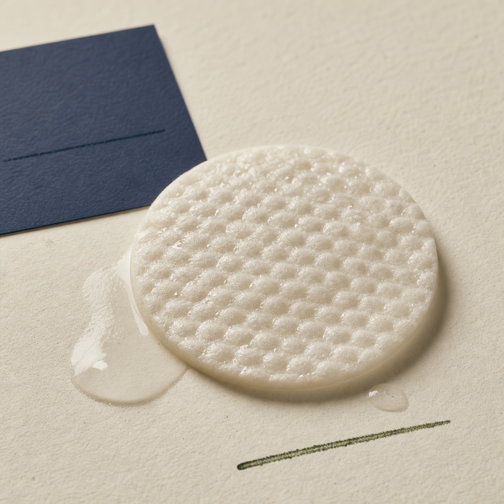 Mandelic essence-soaked exfoliating cotton pad — fibre texture close-up