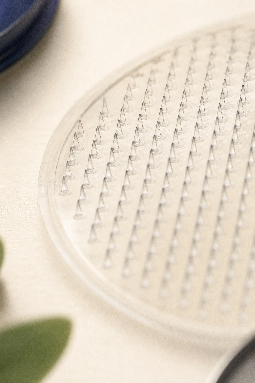 scientific macro of a microneedle patch underside showing the array of dissolving micro-darts