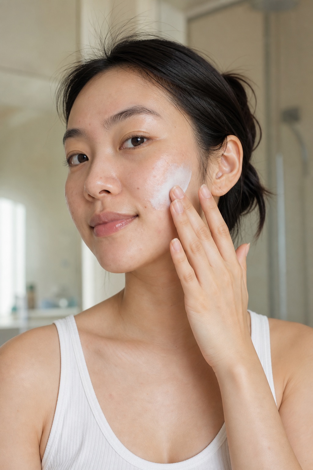 smoothing a matte sunscreen over her face with a soft semi-matte finish