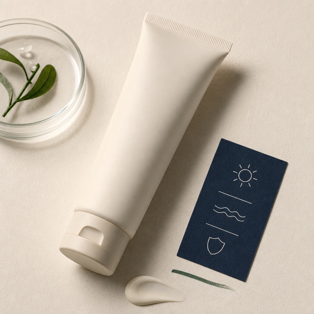 a slim tube of matte oil-control sunscreen with a small pearl of cream swatched showing no white cast