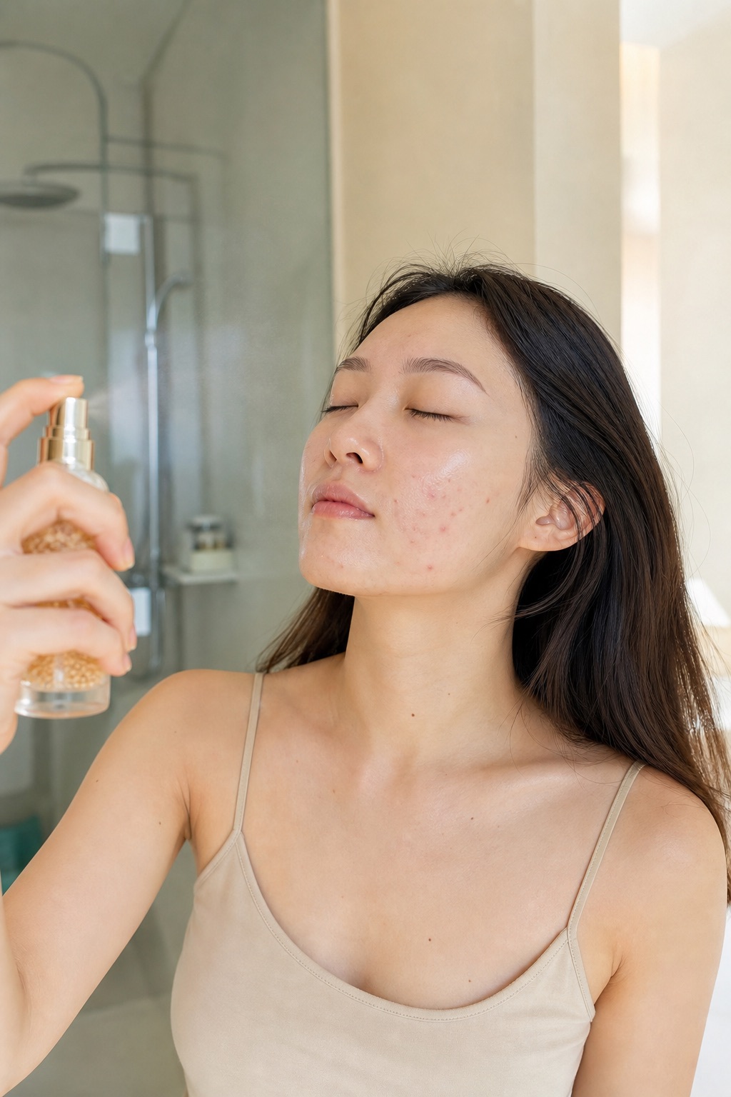 misting a capsule essence over her face