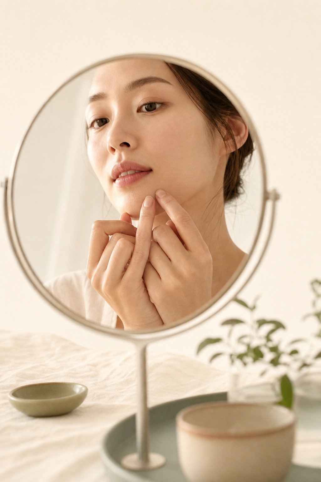 applying an invisible daytime pimple patch to the chin in the mirror