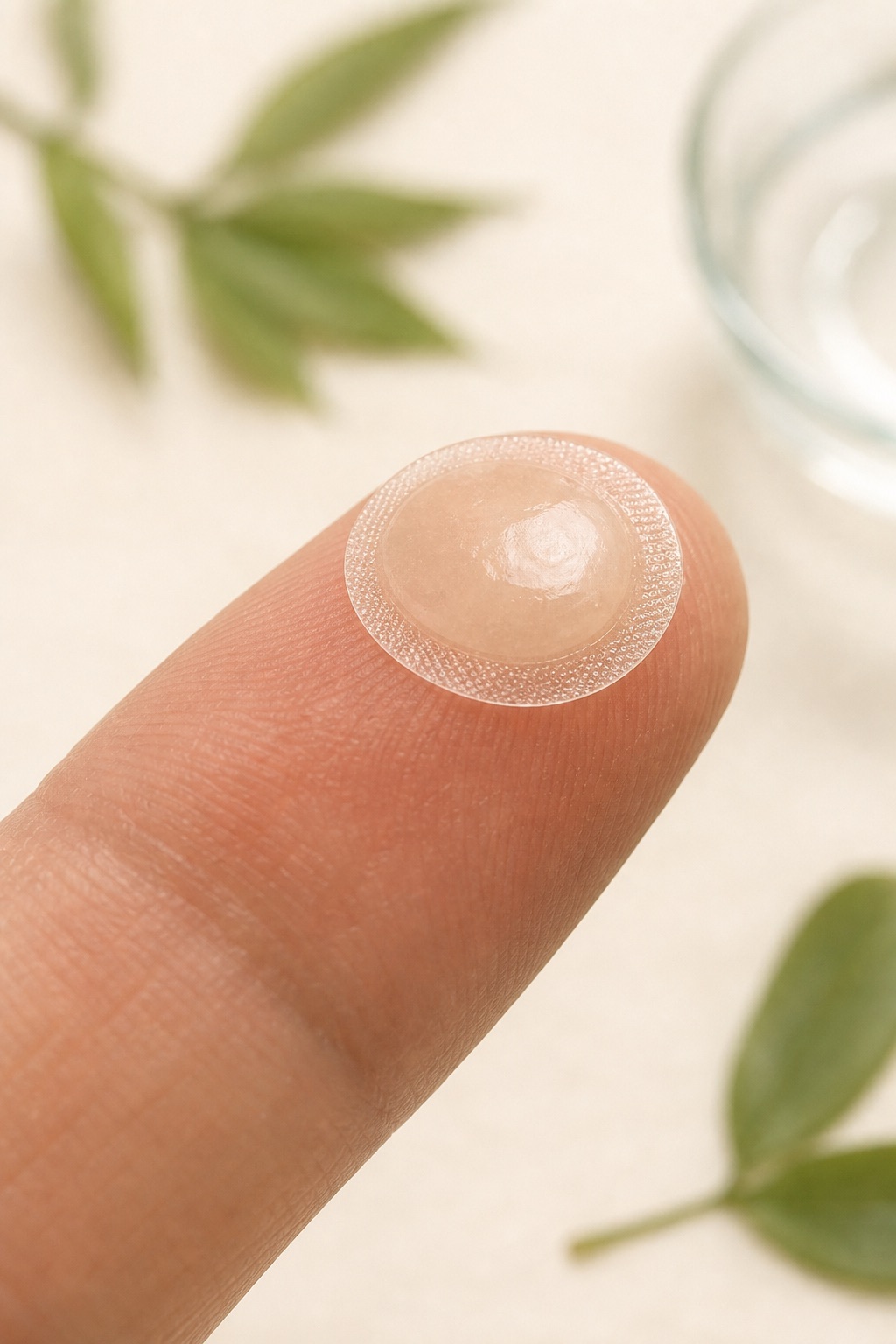 close-up of a translucent hydrocolloid and chitosan pimple patch showing the film texture