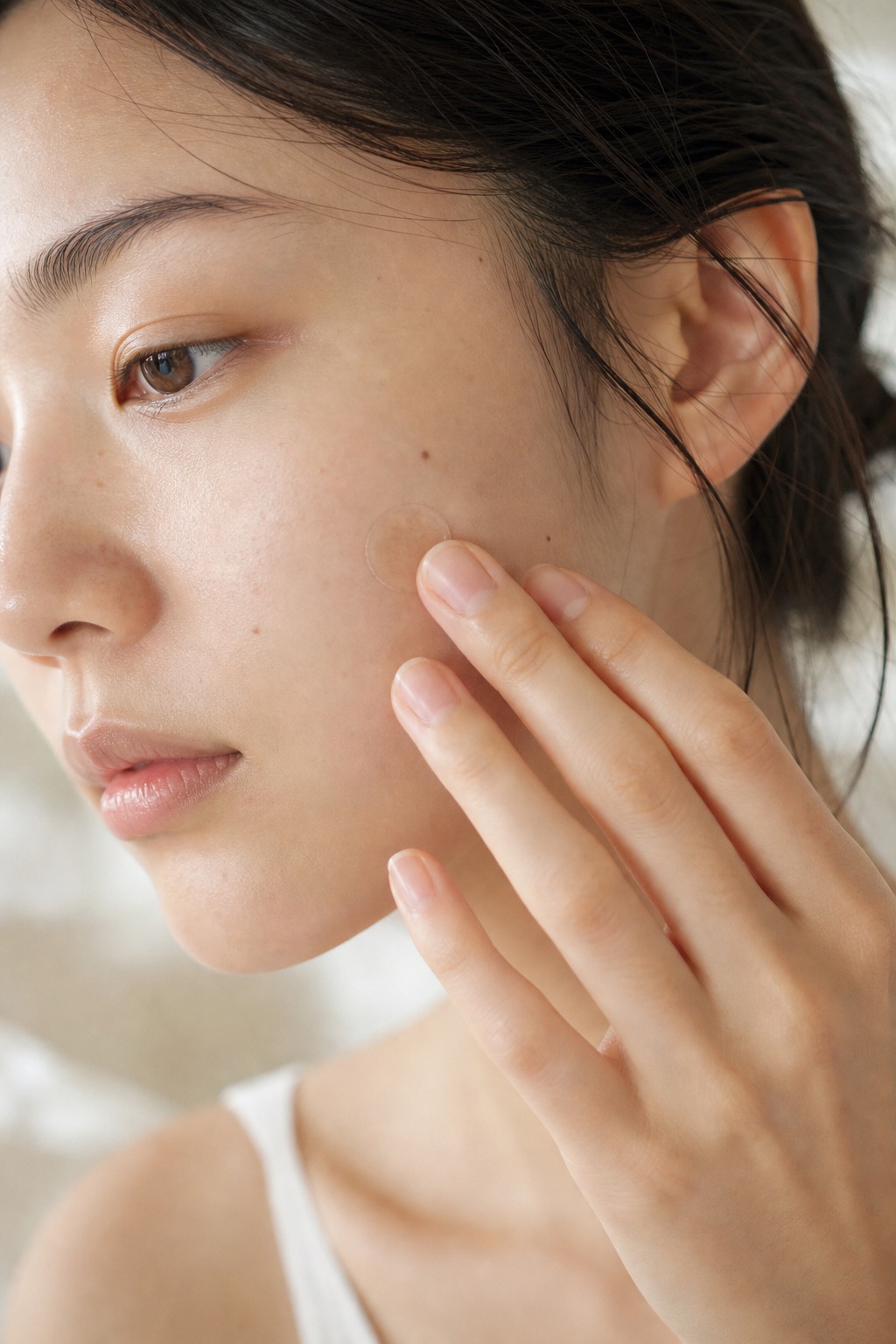 placing a dark-spot fade patch over a post-acne mark on the cheek