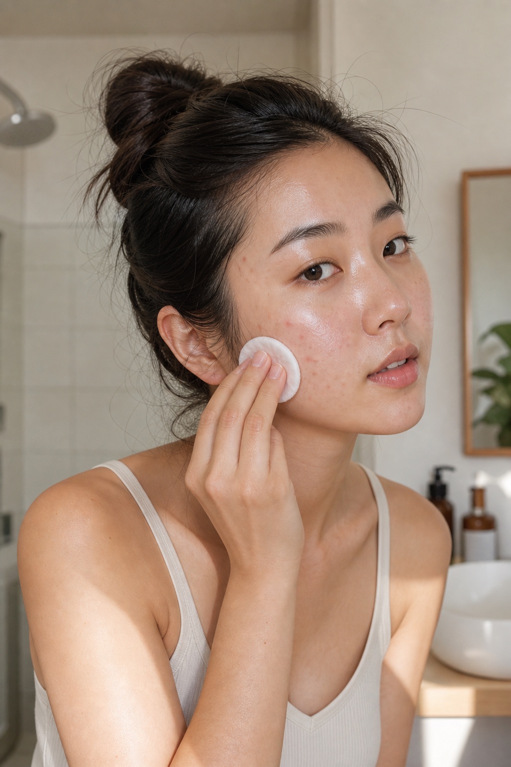 swiping a fade cotton pad over a faint post-acne mark on her cheek