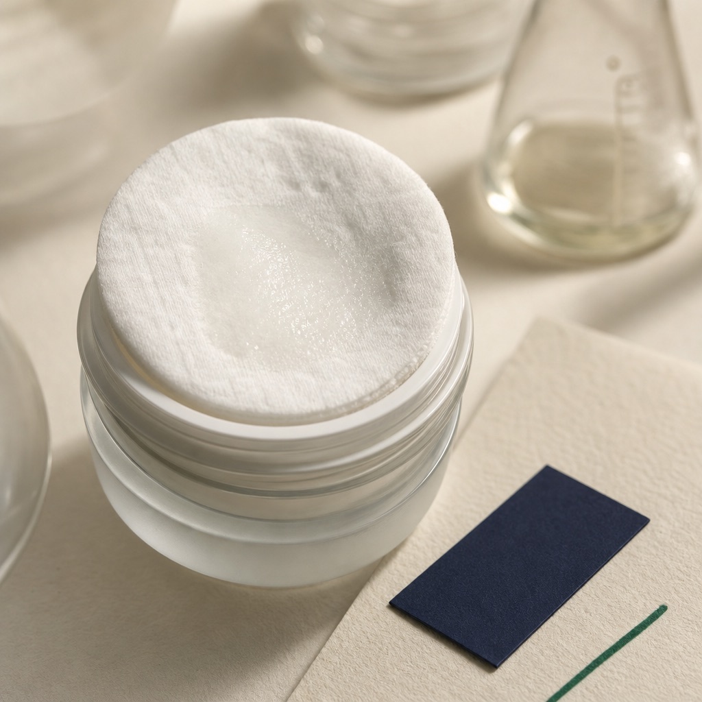 a round white cotton pad soaked in clear fading essence resting on an open jar
