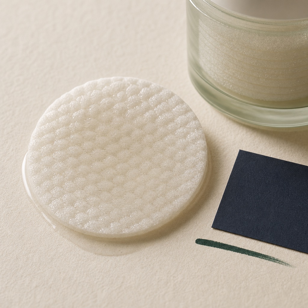 a round embossed textured exfoliating cotton pad soaked in clear BHA essence beside a jar