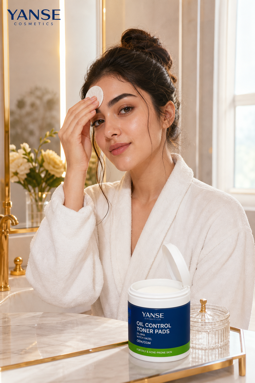 swiping an oil-control salicylic pad across the T-zone