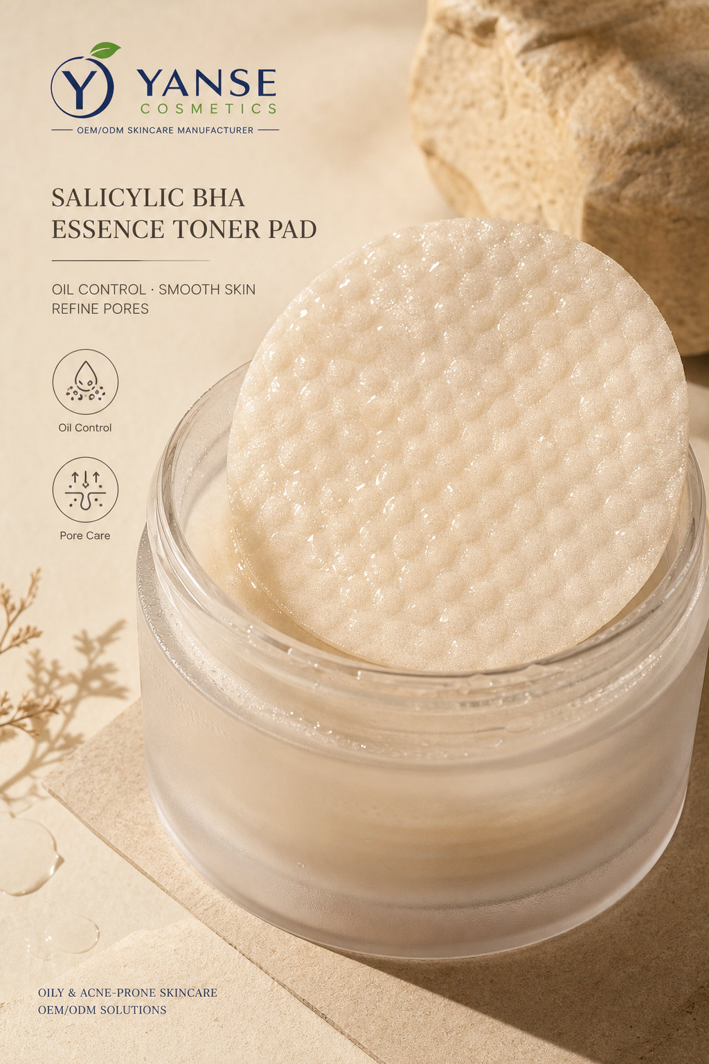 a round embossed textured toner pad soaked in clear salicylic BHA essence beside a jar