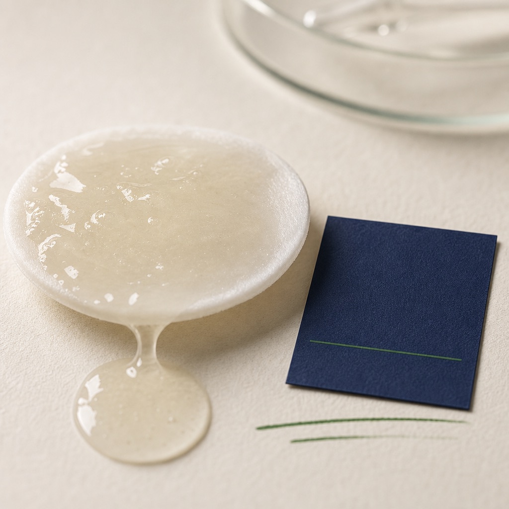 a round white cotton pad soaked in glossy viscous snail-mucin essence with a glossy drip