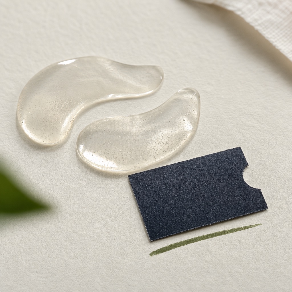 a pair of glossy dewy hydrogel under-eye patches resting on a paper surface